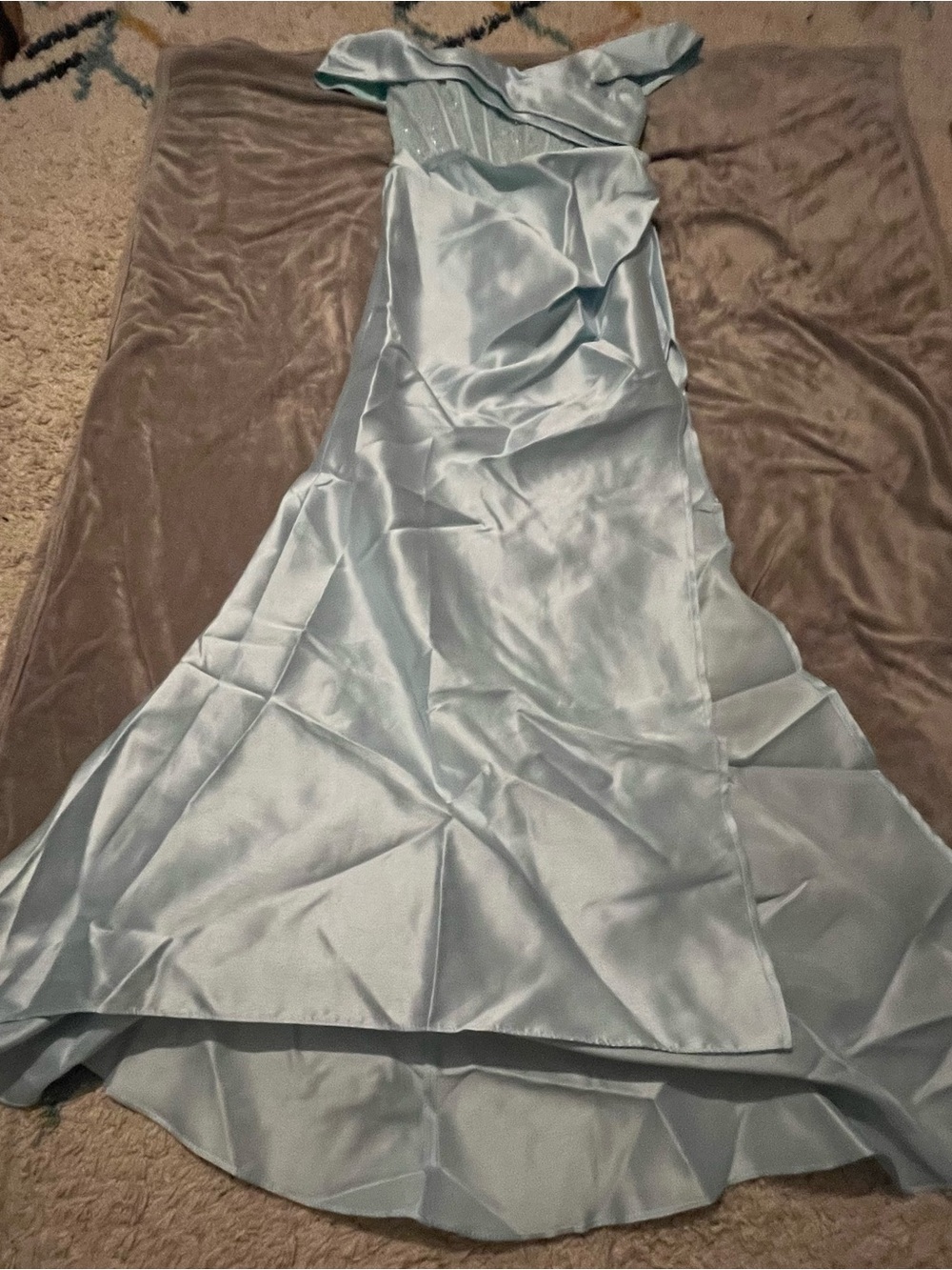 Satin Light Blue Off-Shoulder Prom Dress
